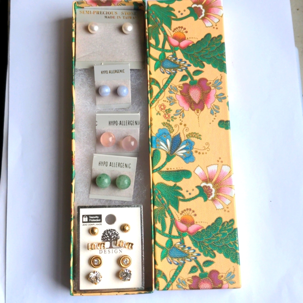 New 8 Stud Earrings Set, Genuine Gemstones, Pearl, Rose Quartz, Jade, Agate, Etc